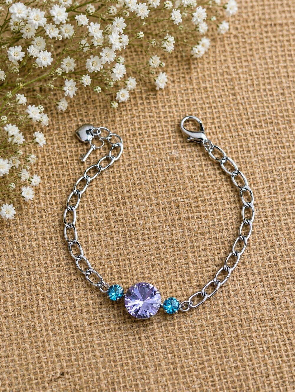 Silver Chain Bracelet w/ Two Blue &  One Purple Crystals | Handmade